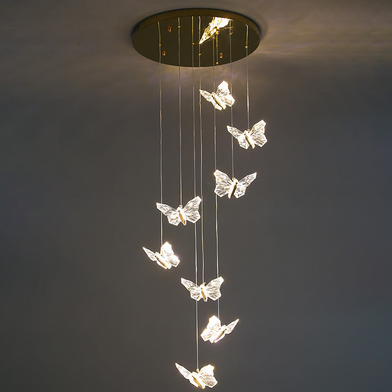 Moderna lámpara de araña redonda de mariposa creativa de aleación de zinc y acrílico LED para dormitorio 