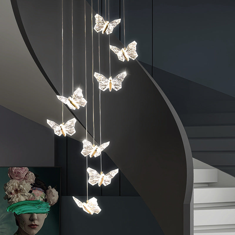 Moderna lámpara de araña redonda de mariposa creativa de aleación de zinc y acrílico LED para dormitorio 