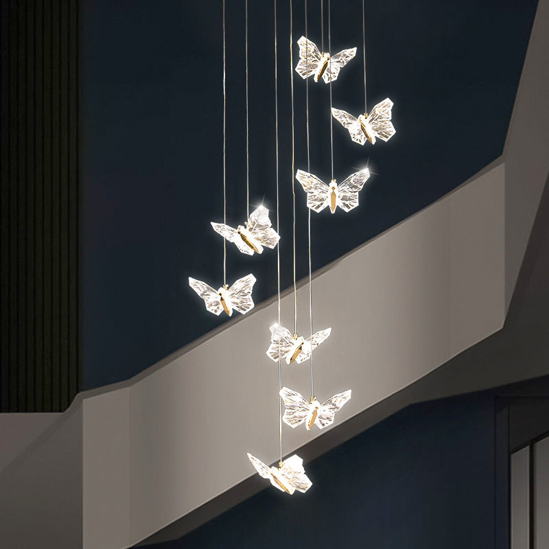 Moderna lámpara de araña redonda de mariposa creativa de aleación de zinc y acrílico LED para dormitorio 