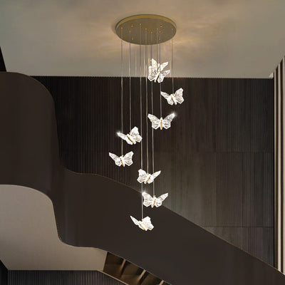 Moderna lámpara de araña redonda de mariposa creativa de aleación de zinc y acrílico LED para dormitorio 
