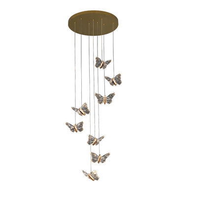 Moderna lámpara de araña redonda de mariposa creativa de aleación de zinc y acrílico LED para dormitorio 
