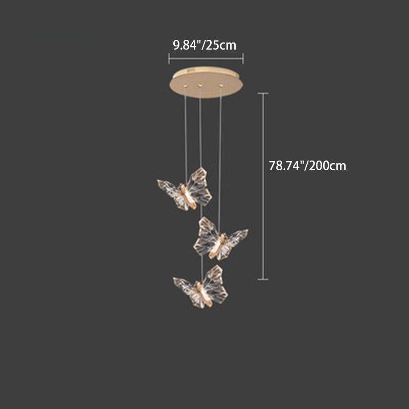 Moderna lámpara de araña redonda de mariposa creativa de aleación de zinc y acrílico LED para dormitorio 