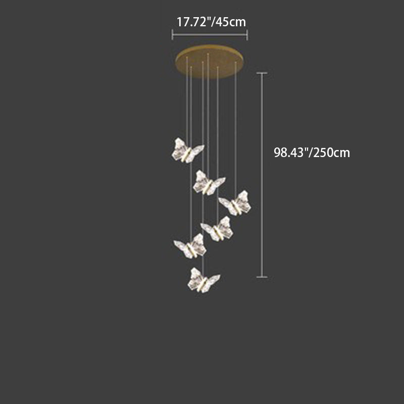 Moderna lámpara de araña redonda de mariposa creativa de aleación de zinc y acrílico LED para dormitorio 