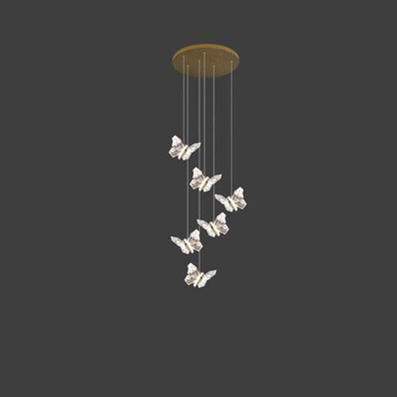 Moderna lámpara de araña redonda de mariposa creativa de aleación de zinc y acrílico LED para dormitorio 