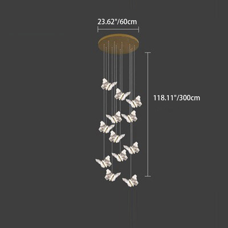 Moderna lámpara de araña redonda de mariposa creativa de aleación de zinc y acrílico LED para dormitorio 