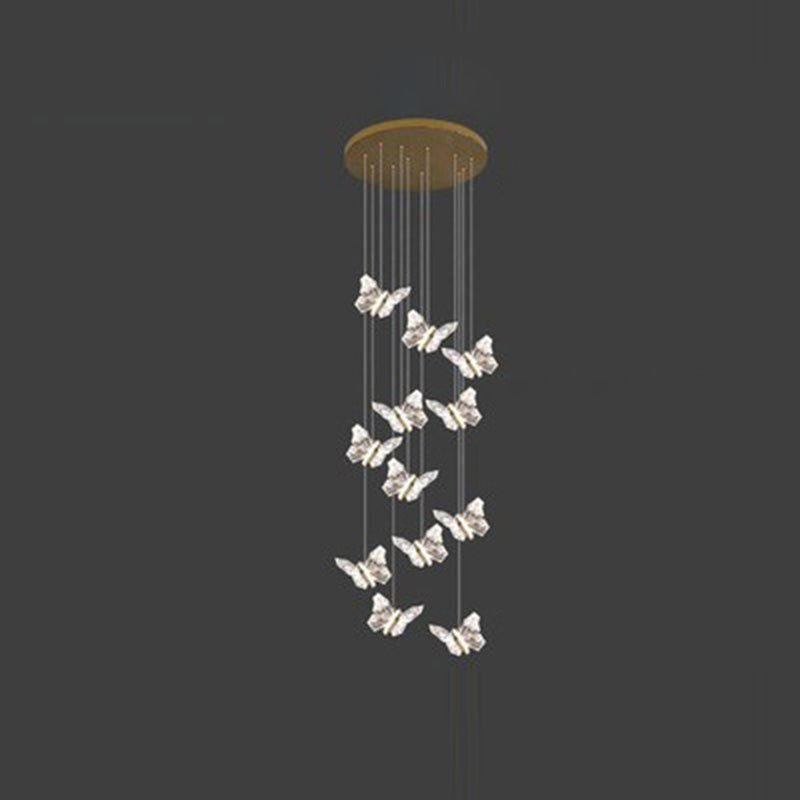 Moderna lámpara de araña redonda de mariposa creativa de aleación de zinc y acrílico LED para dormitorio 