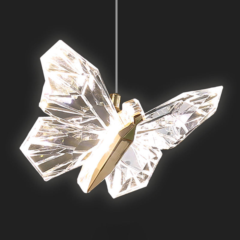 Moderna lámpara de araña redonda de mariposa creativa de aleación de zinc y acrílico LED para dormitorio 