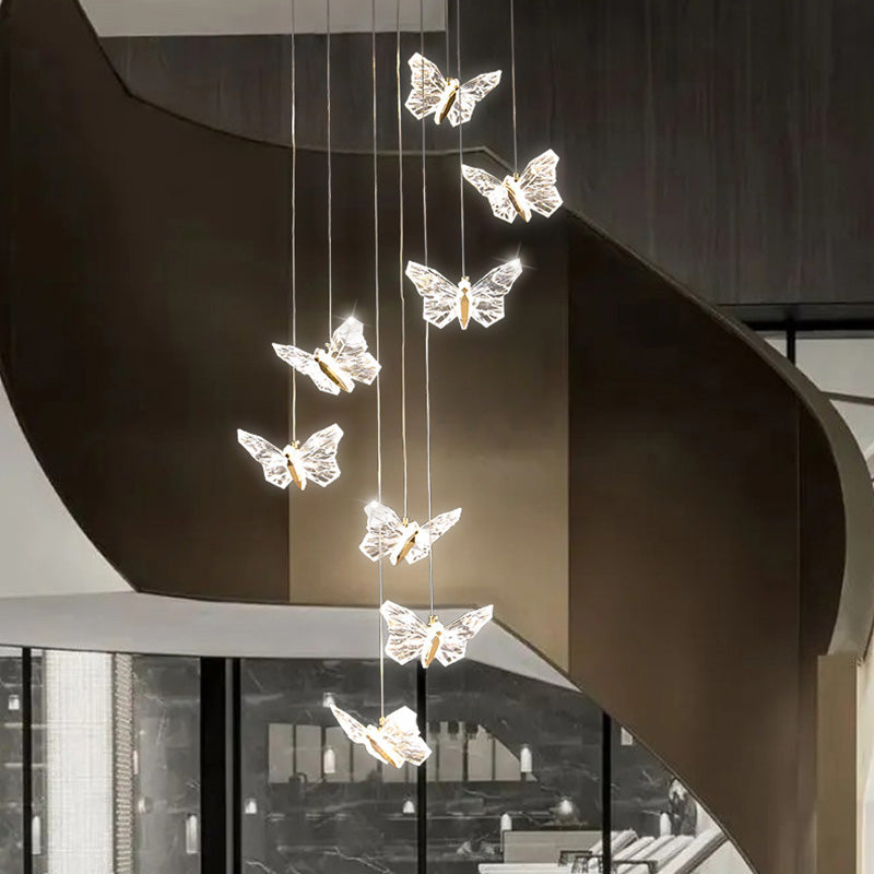 Moderna lámpara de araña redonda de mariposa creativa de aleación de zinc y acrílico LED para dormitorio 