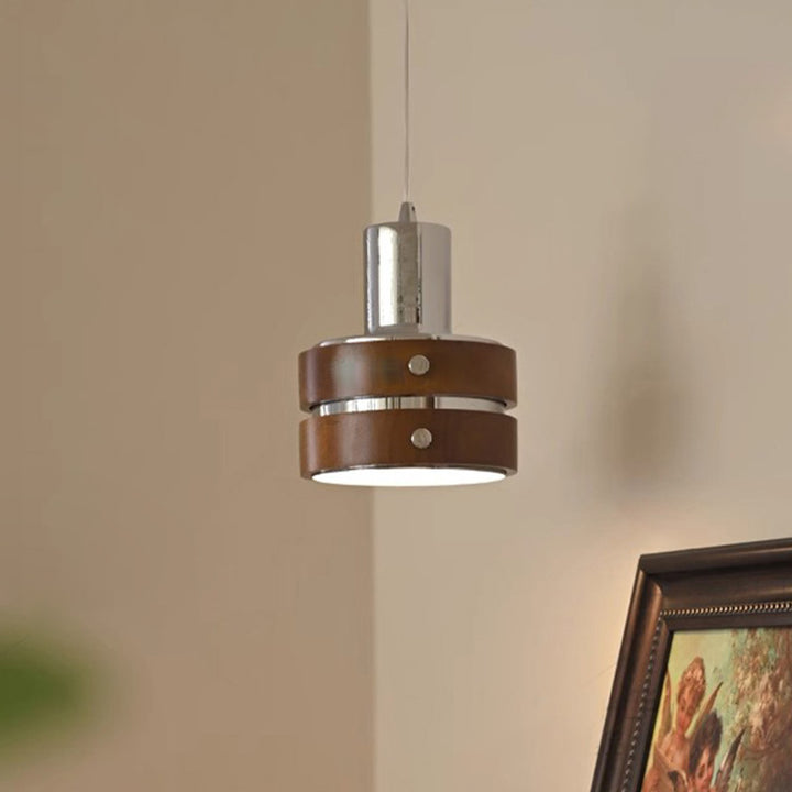 Suspension Luminaire Vintage Traditionnel Cylindrique en Bois et Fer à 1 Lumière pour Chambre 
