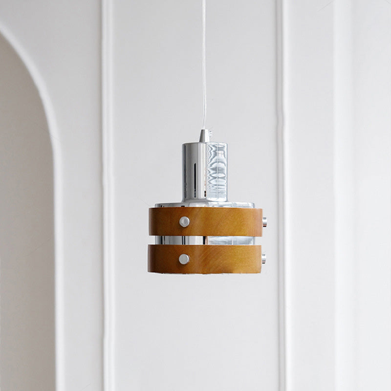 Suspension Luminaire Vintage Traditionnel Cylindrique en Bois et Fer à 1 Lumière pour Chambre 