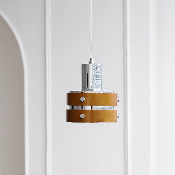 Suspension Luminaire Vintage Traditionnel Cylindrique en Bois et Fer à 1 Lumière pour Chambre 