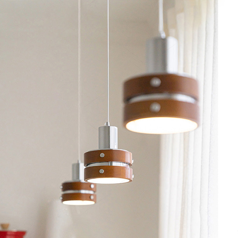 Suspension Luminaire Vintage Traditionnel Cylindrique en Bois et Fer à 1 Lumière pour Chambre 