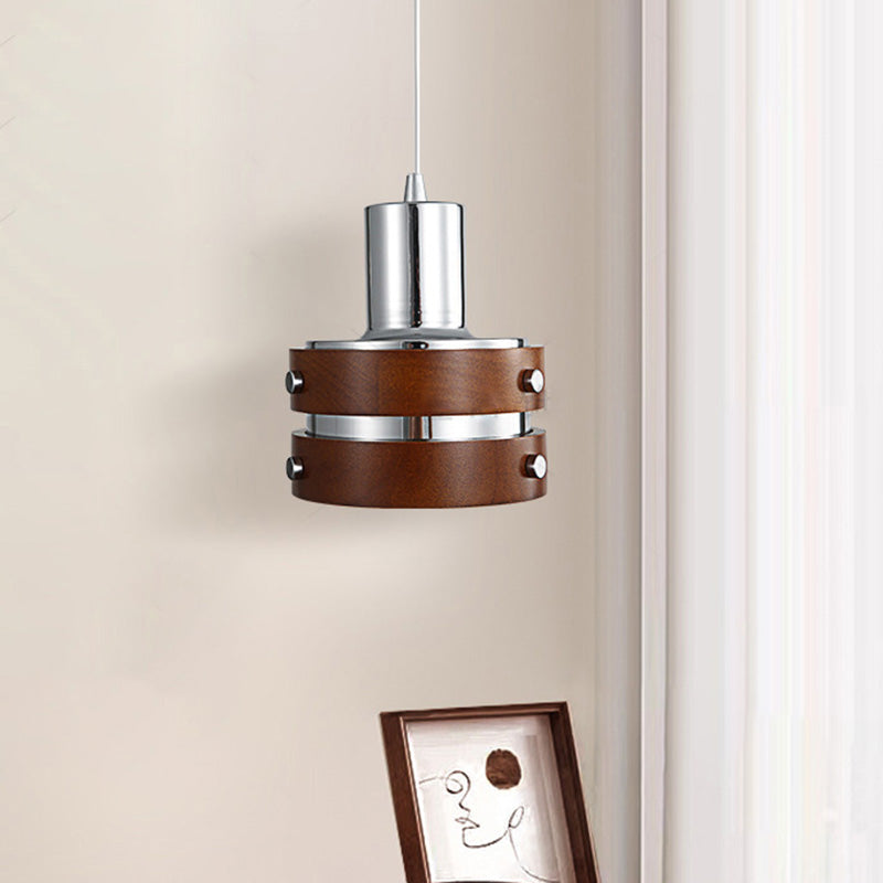 Suspension Luminaire Vintage Traditionnel Cylindrique en Bois et Fer à 1 Lumière pour Chambre 