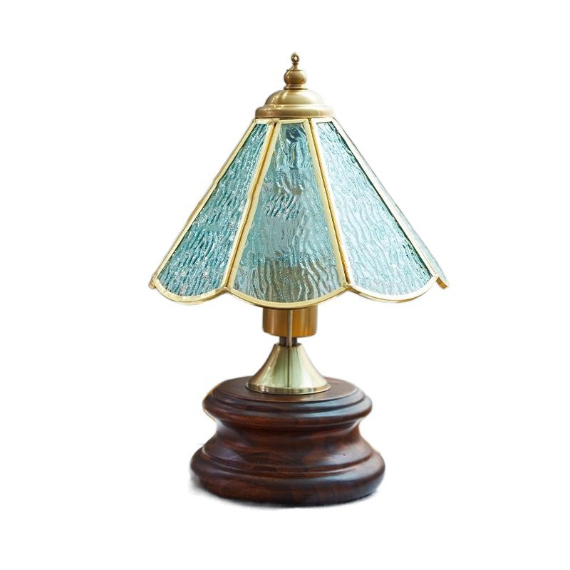 Lámpara de mesa de 1 luz de hierro de vidrio cónico vintage tradicional de madera maciza para dormitorio 