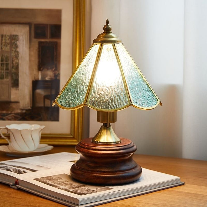 Lámpara de mesa de 1 luz de hierro de vidrio cónico vintage tradicional de madera maciza para dormitorio 