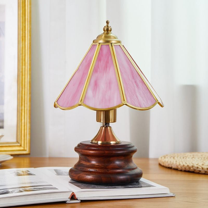 Lámpara de mesa de 1 luz de hierro de vidrio cónico vintage tradicional de madera maciza para dormitorio 