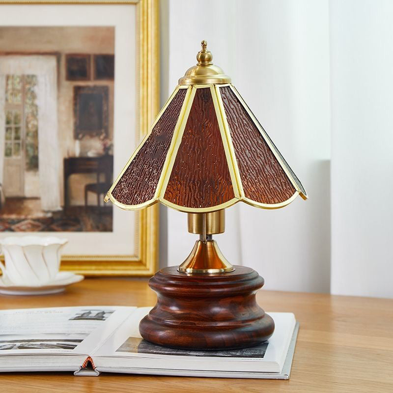 Lámpara de mesa de 1 luz de hierro de vidrio cónico vintage tradicional de madera maciza para dormitorio 