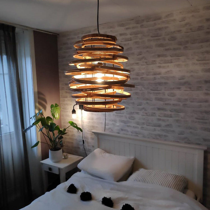 Lanterne japonaise traditionnelle cylindre en rotin 1-lumière suspension pour salon 