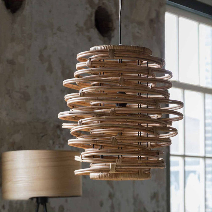 Lanterne japonaise traditionnelle cylindre en rotin 1-lumière suspension pour salon 