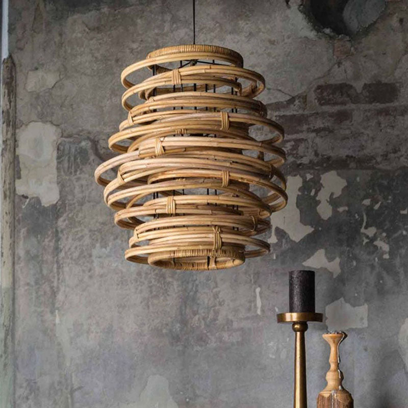 Lanterne japonaise traditionnelle cylindre en rotin 1-lumière suspension pour salon 