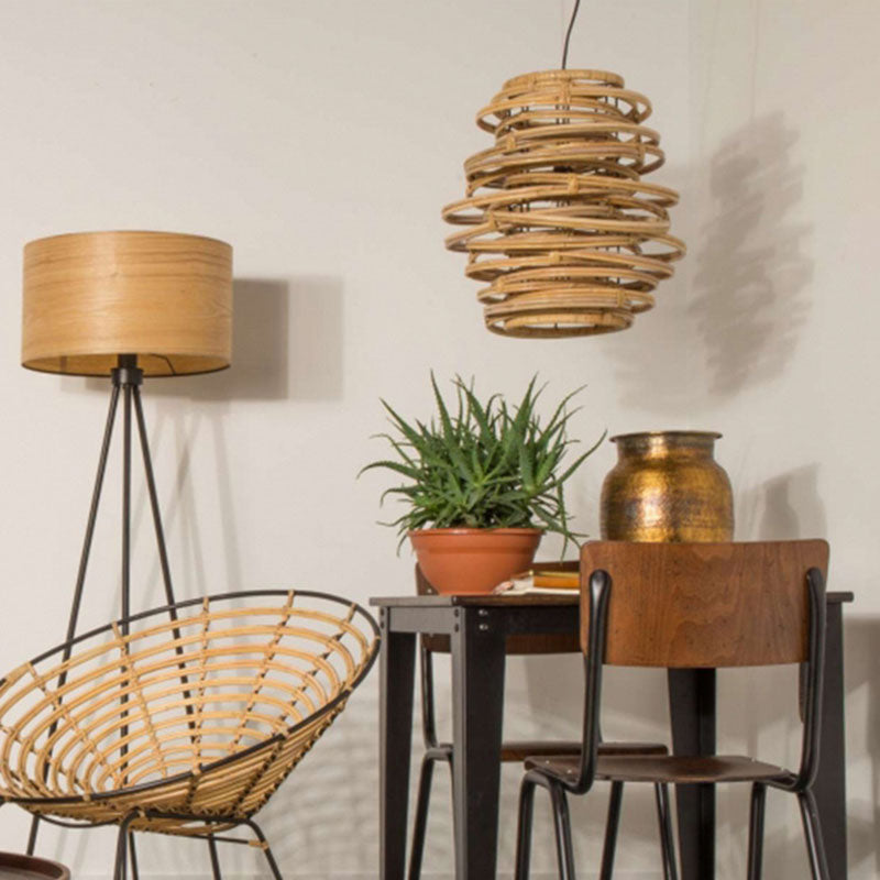 Lanterne japonaise traditionnelle cylindre en rotin 1-lumière suspension pour salon 