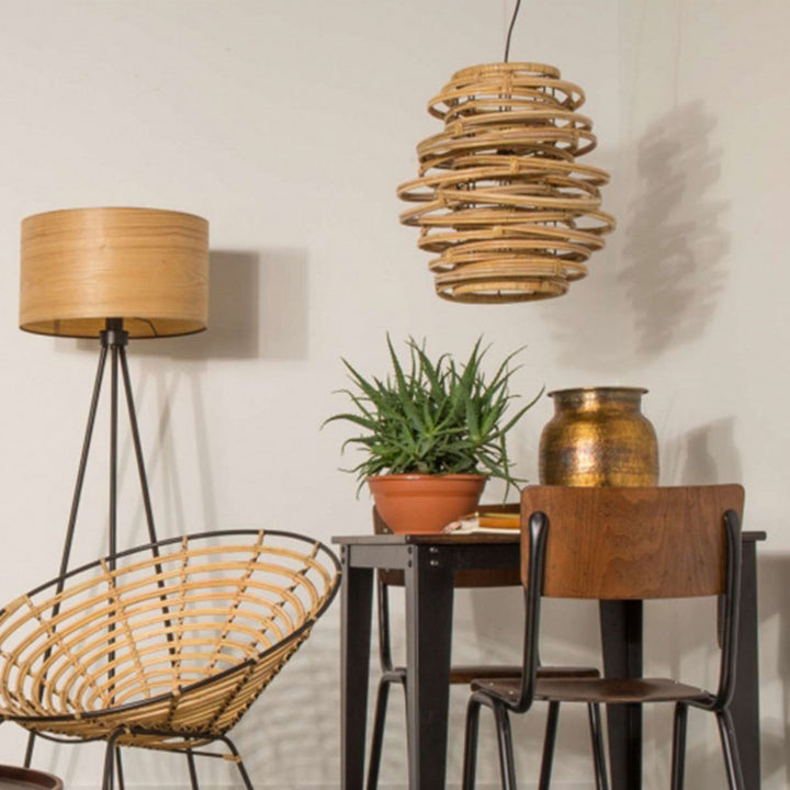 Lanterne japonaise traditionnelle cylindre en rotin 1-lumière suspension pour salon 