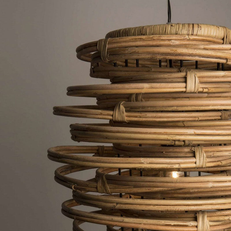 Lanterne japonaise traditionnelle cylindre en rotin 1-lumière suspension pour salon 