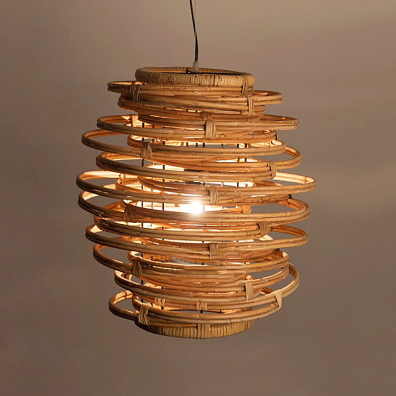 Lanterne japonaise traditionnelle cylindre en rotin 1-lumière suspension pour salon 