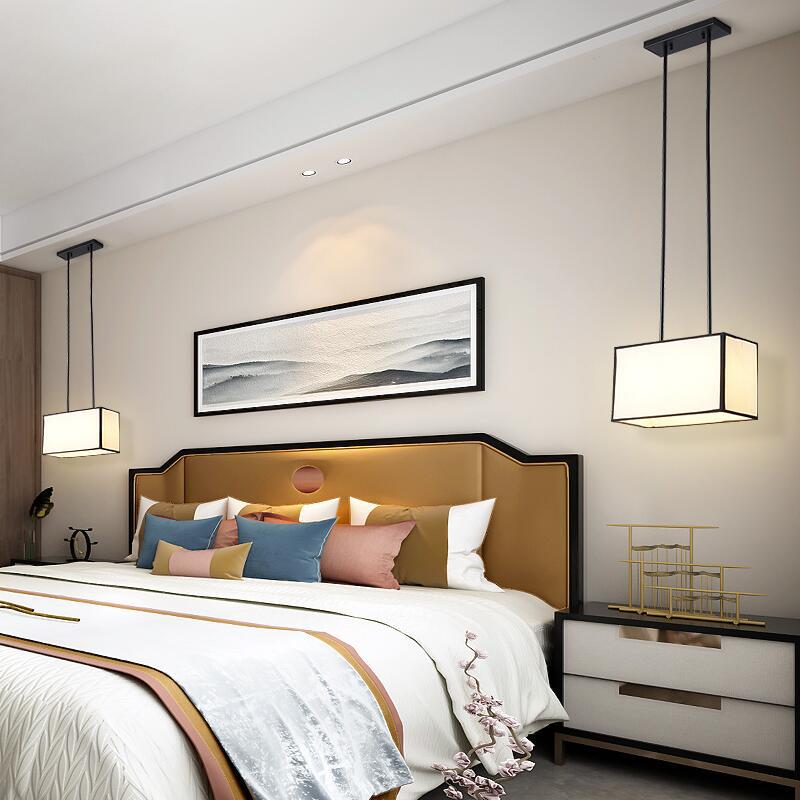 Lámpara colgante moderna minimalista de rectángulo de hierro y tela de 1 luz para dormitorio 