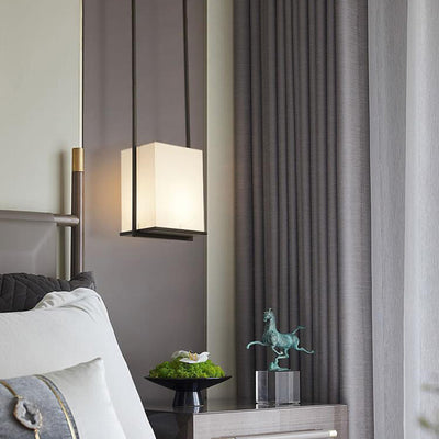 Lámpara colgante moderna minimalista de rectángulo de hierro y tela de 1 luz para dormitorio 