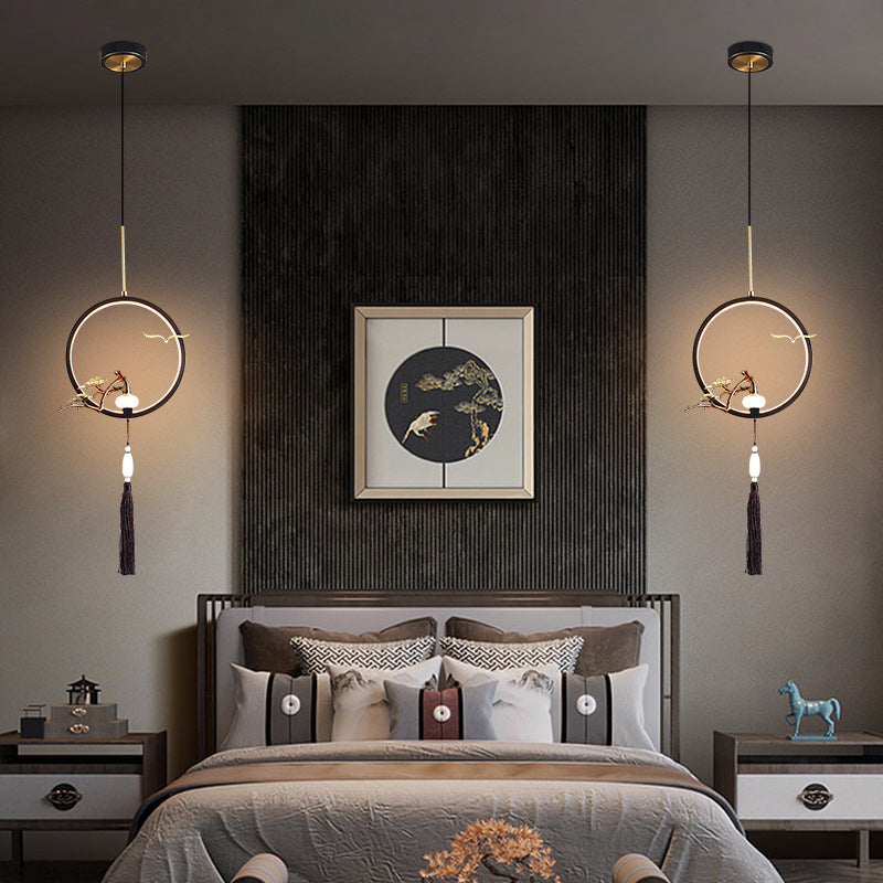 Traditionelle chinesische Kreis Kupfer Jade LED Pendelleuchte für Schlafzimmer 