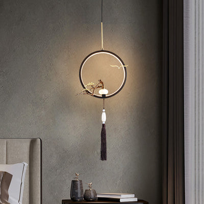 Traditionelle chinesische Kreis Kupfer Jade LED Pendelleuchte für Schlafzimmer 