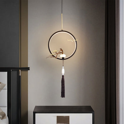 Traditionelle chinesische Kreis Kupfer Jade LED Pendelleuchte für Schlafzimmer 