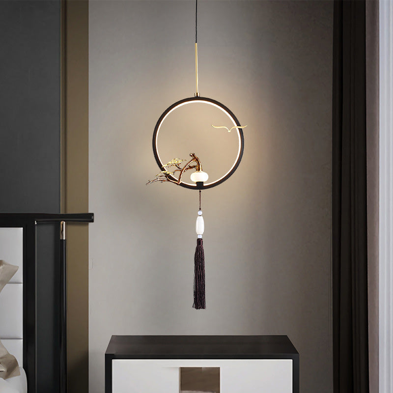 Traditionelle chinesische Kreis Kupfer Jade LED Pendelleuchte für Schlafzimmer 