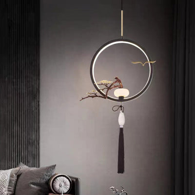 Traditionelle chinesische Kreis Kupfer Jade LED Pendelleuchte für Schlafzimmer 