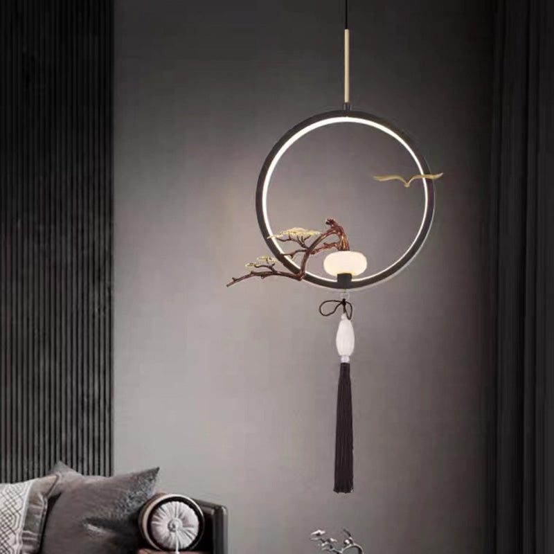 Traditionelle chinesische Kreis Kupfer Jade LED Pendelleuchte für Schlafzimmer 