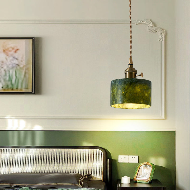 Traditional Vintage Cylinder Jade Metal Glass 1-Light Pendant Light For Bedroom