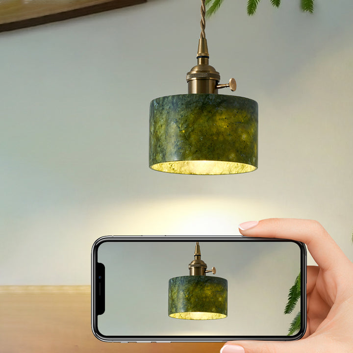 Traditional Vintage Cylinder Jade Metal Glass 1-Light Pendant Light For Bedroom