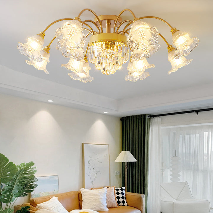 Moderne Luxus Blume Eisen Kristall Glas 3/6/8 Licht Semi-Flush Mount Deckenleuchte für Wohnzimmer 