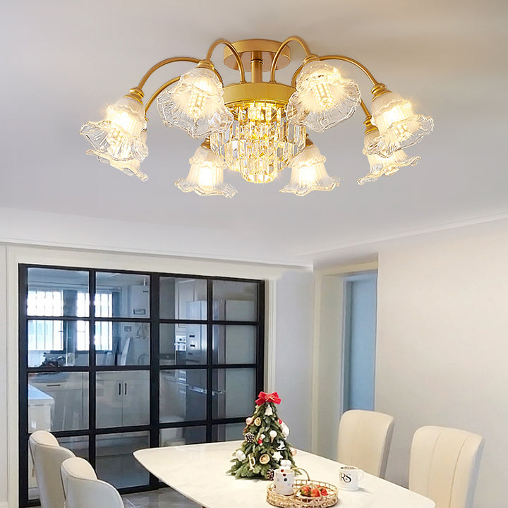 Moderne Luxus Blume Eisen Kristall Glas 3/6/8 Licht Semi-Flush Mount Deckenleuchte für Wohnzimmer 