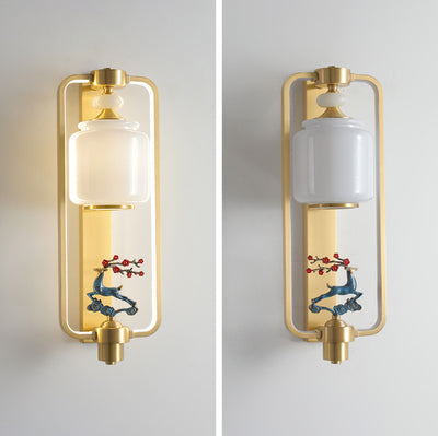 Traditionelle Chinesische Elch Zylinder Kupfer Jade Glas LED Wand Leuchte Lampe Für Wohnzimmer 