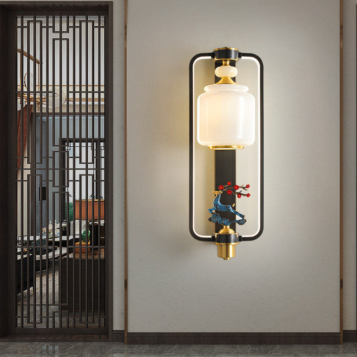 Traditionelle Chinesische Elch Zylinder Kupfer Jade Glas LED Wand Leuchte Lampe Für Wohnzimmer 