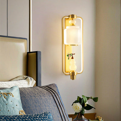 Traditionelle Chinesische Elch Zylinder Kupfer Jade Glas LED Wand Leuchte Lampe Für Wohnzimmer 