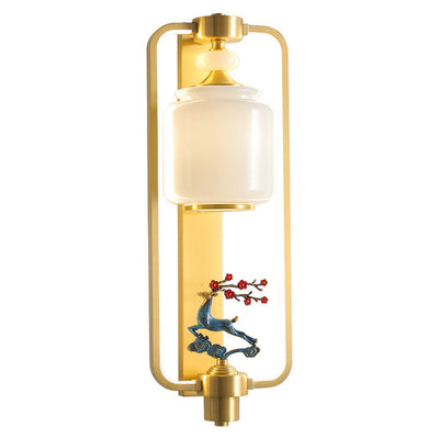 Traditionelle Chinesische Elch Zylinder Kupfer Jade Glas LED Wand Leuchte Lampe Für Wohnzimmer 