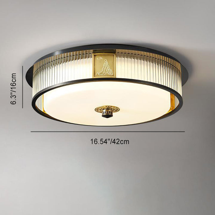 Plafonnier LED en verre en acier inoxydable rond en cuivre traditionnel chinois pour chambre à coucher 