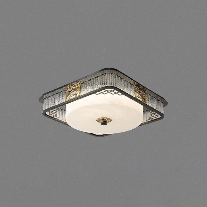 Plafonnier LED en verre en acier inoxydable rond en cuivre traditionnel chinois pour chambre à coucher 