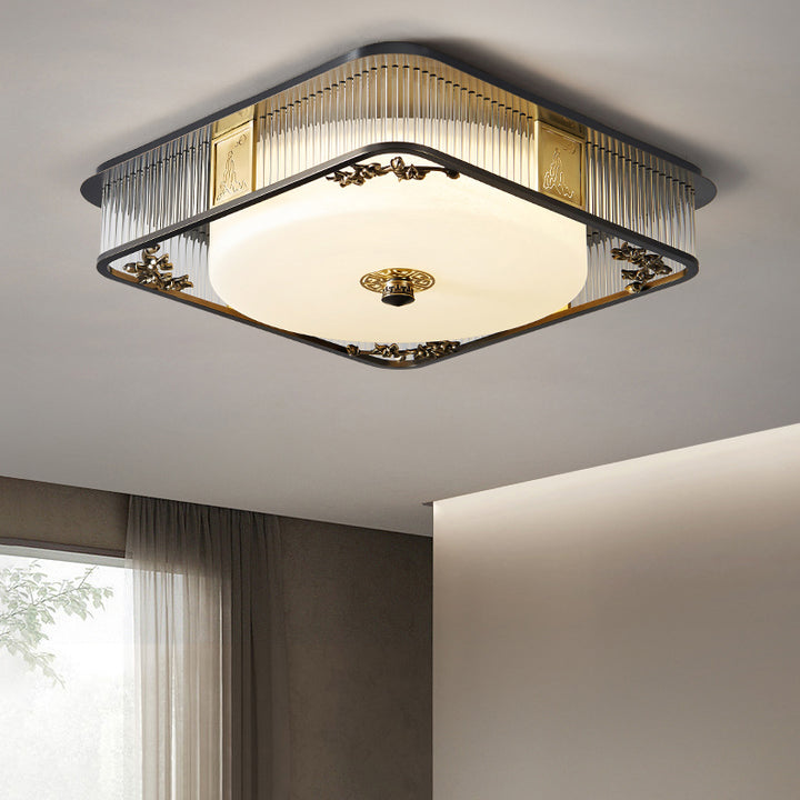 Plafonnier LED en verre en acier inoxydable rond en cuivre traditionnel chinois pour chambre à coucher 