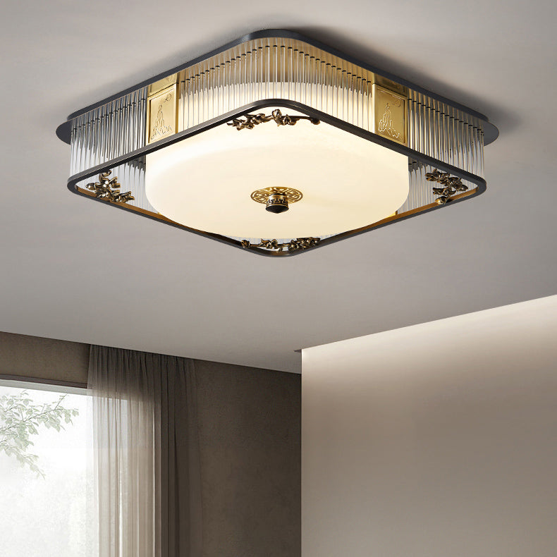 Plafonnier LED en verre en acier inoxydable rond en cuivre traditionnel chinois pour chambre à coucher 