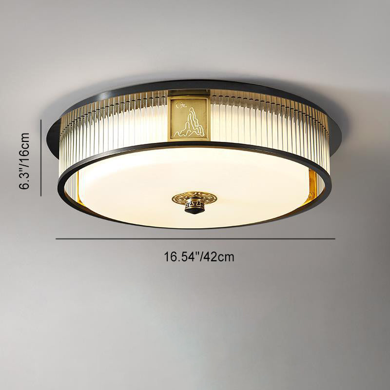Plafonnier LED en verre en acier inoxydable rond en cuivre traditionnel chinois pour chambre à coucher 