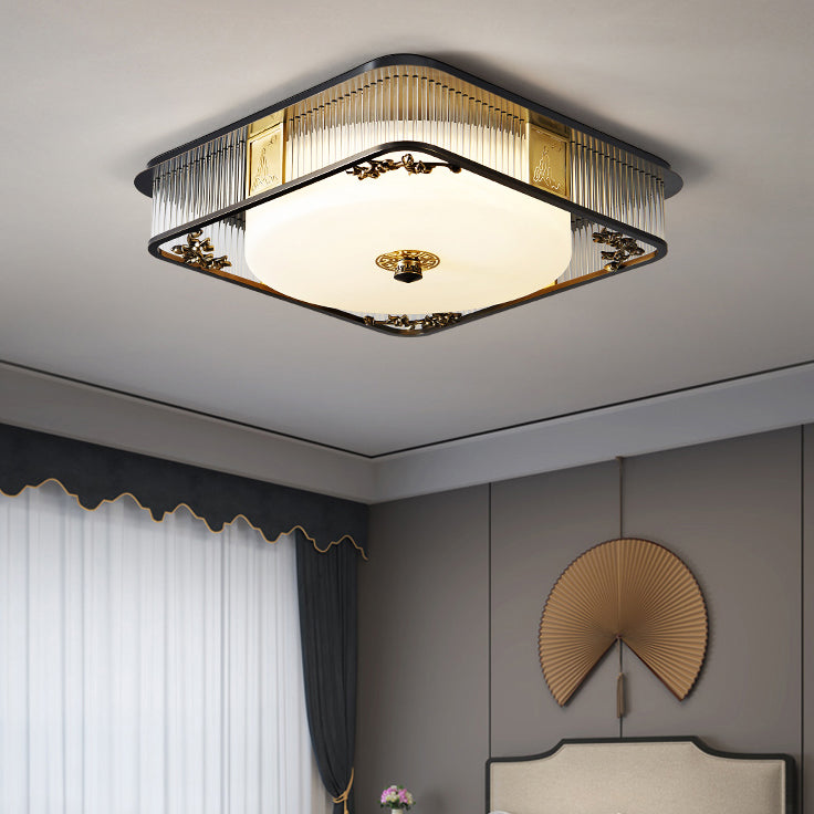 Plafonnier LED en verre en acier inoxydable rond en cuivre traditionnel chinois pour chambre à coucher 